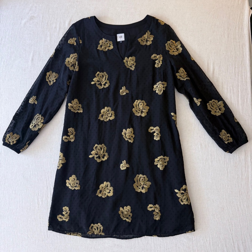 Cabi Dress Womens Medium Black Gold Floral Embroidered Shift Mini - Picture 2 of 10